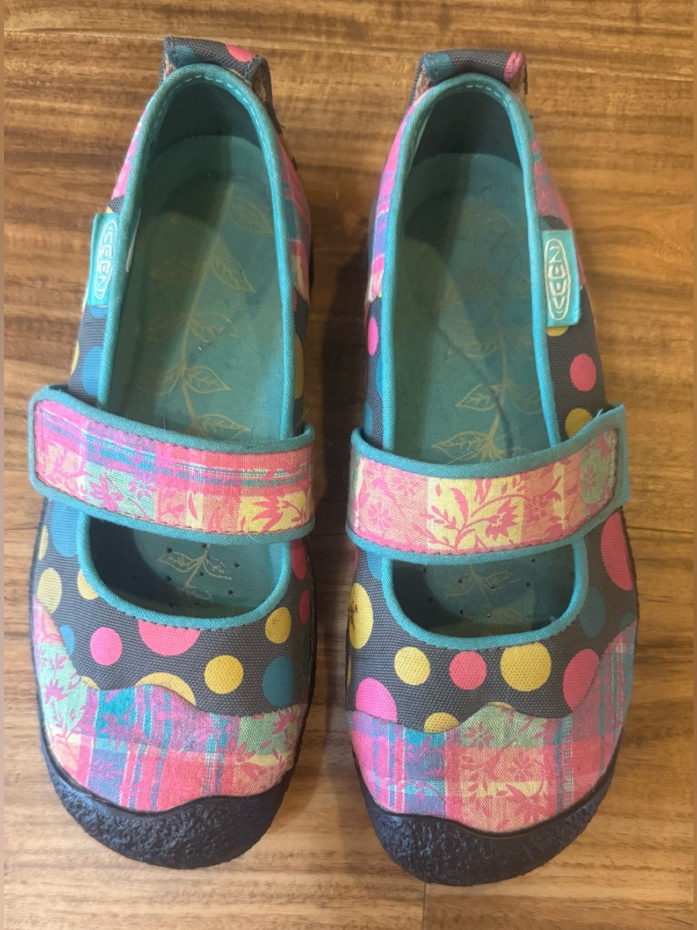 Keen Harvest  Pink, Teal & Yellow Polka Dot Mary Jane Shoes